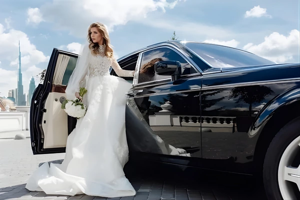 A bride in a white lace wedding dress exiting a black luxury sedan with a city skyline in the background.