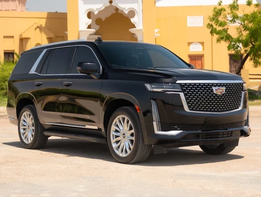 A sleek black Cadillac XTS sedan is parked on a city street in front of a brick building.