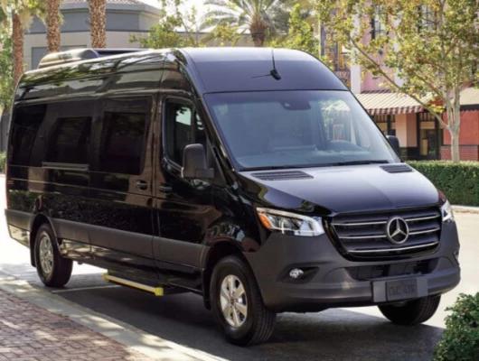 Black luxury Mercedes Sprinter van exterior used for airport car service and group transportation